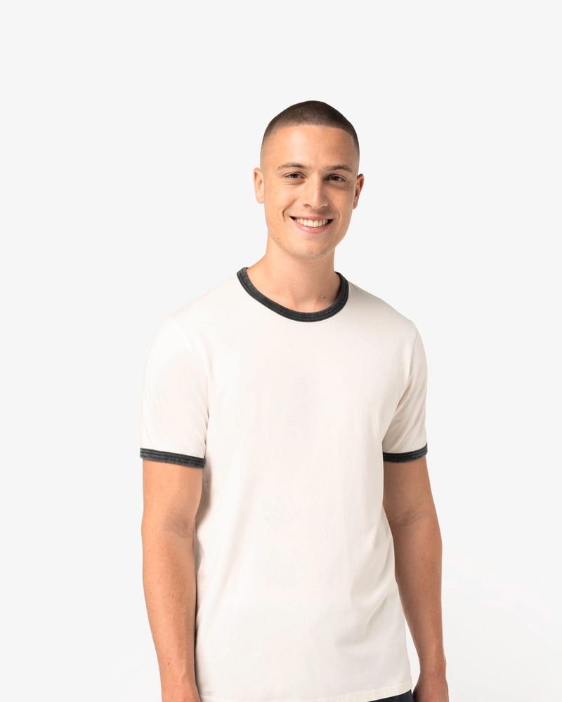 Ringer-T-Shirt mit kontrastierenden Kanten und verwaschenem Effekt für Herren - Ivory / Washed Navy Blue