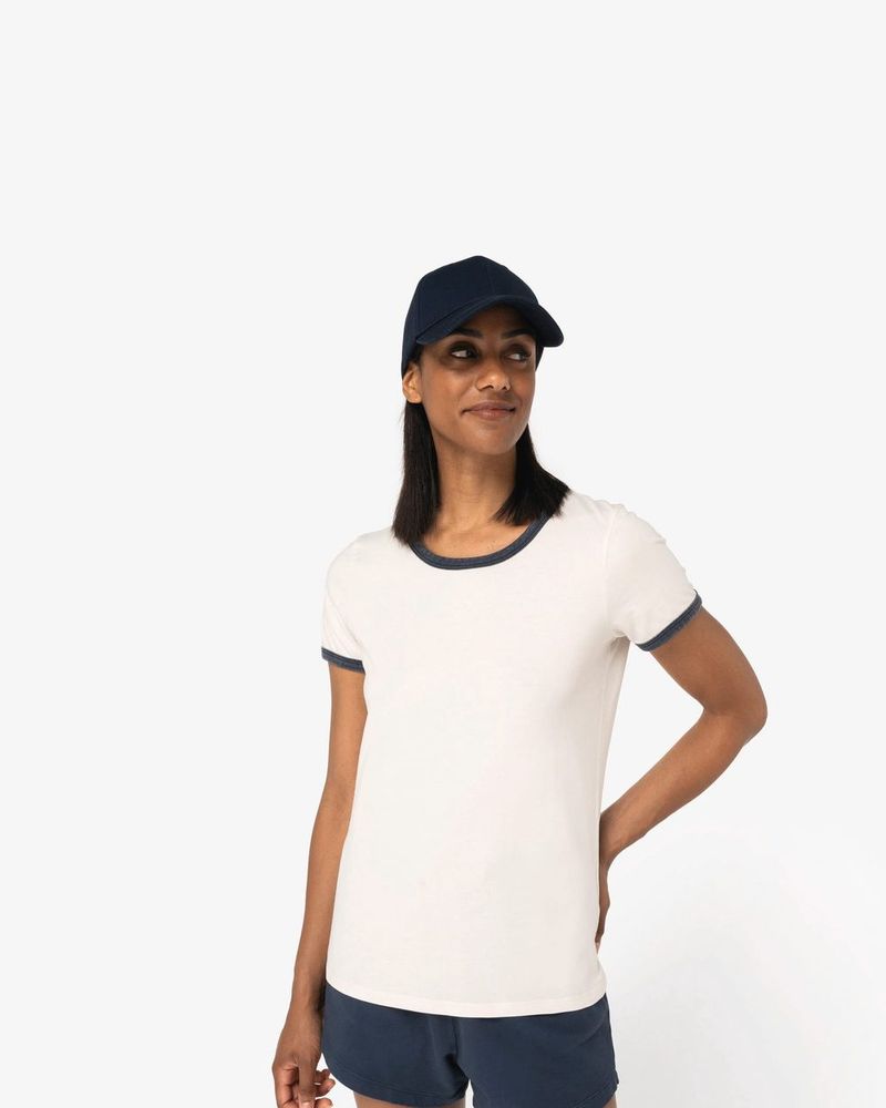 Ringer-T-Shirt mit kontrastierenden Kanten, verwaschener Effekt, Damen - Ivory / Washed Navy Blue