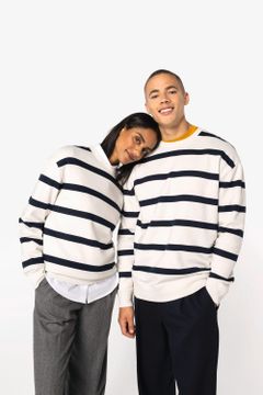 Unisex-Sweatshirt mit gestreiftem Rundhalsausschnitt und überschnittenen Schultern, Foto 4